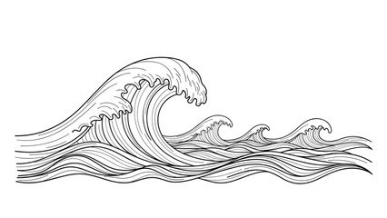 Obraz premium Detailed hand-drawn illustration of powerful ocean waves crashing with white foam and intricate line work in a classic woodcut or engraving style.
