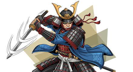 Illustration of a Japanese samurai warrior in traditional armor, in a dynamic action pose with his sword raised, ready for battle