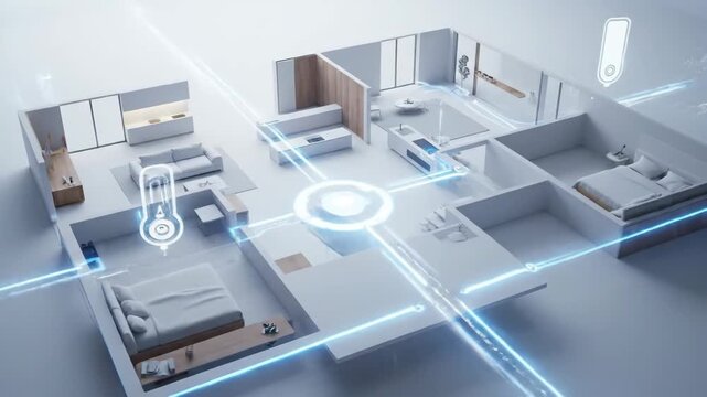 Digital representation of a smart home floor plan with glowing lines illustrating interconnected devices and automation.