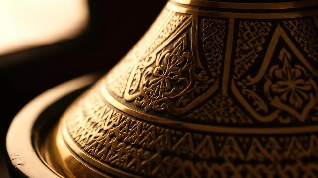 Intricate golden patterns adorn a decorative vessel casting warm shadows This close up highlights craftsmanship and rich textures evoking a sense of luxury and heritage