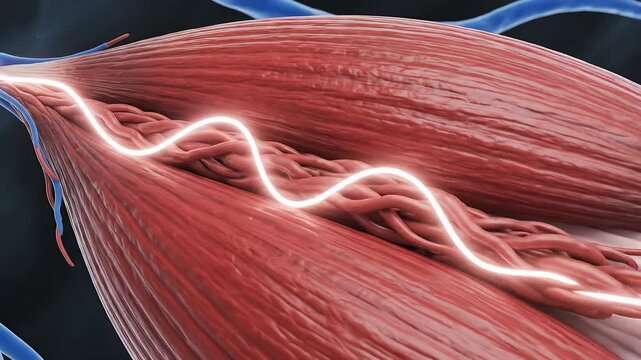 Close up view of human muscle fibers contracting with electrical impulse transmission blue energy