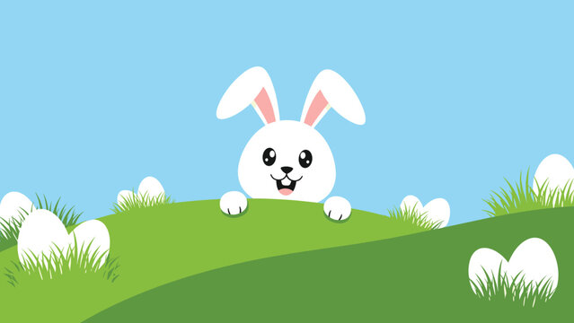 Cute easter bunny peeking over green hill with white eggs hidden in grass under clear blue sky for springtime holiday background.