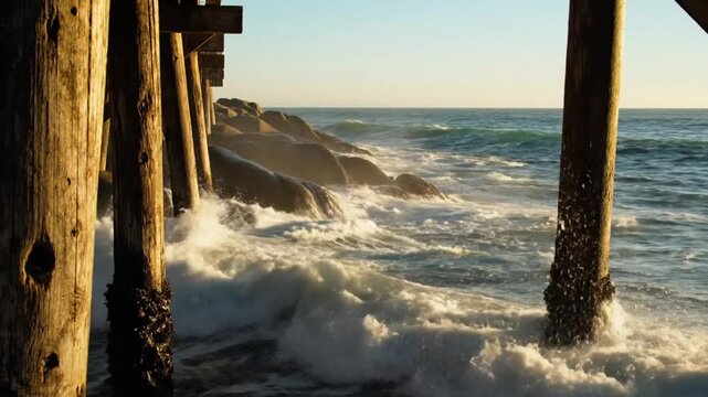 Waves crashing against rocks near wooden pier pilings with ocean and horizon under sunny sky