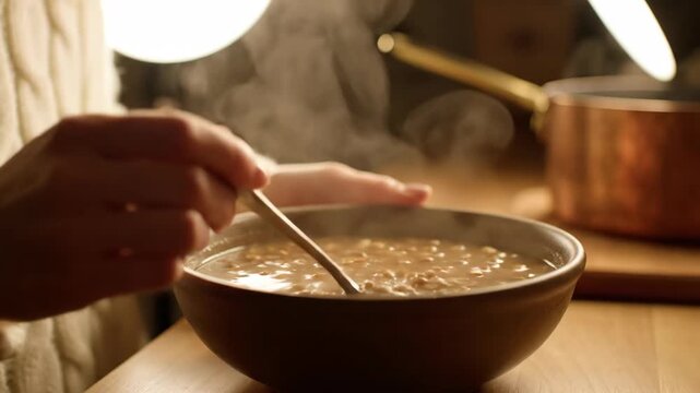 A person stirs a steaming bowl of hearty porridge with a spoon Warmth emanates from the comforting breakfast meal ready to be enjoyed