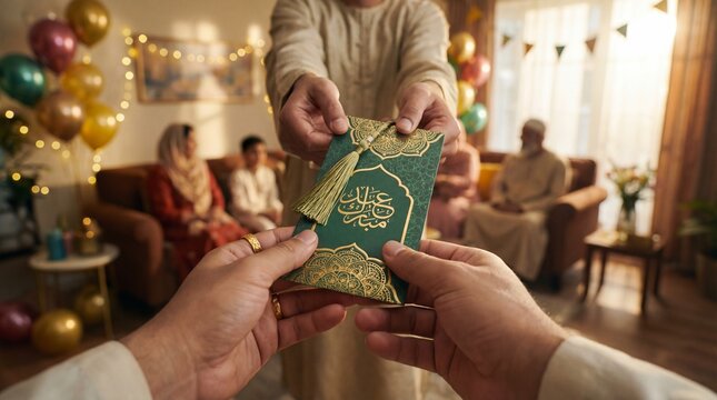Close-up of hands exchanging a gift during a festive gathering, celebrating a special occasion with family and friends.