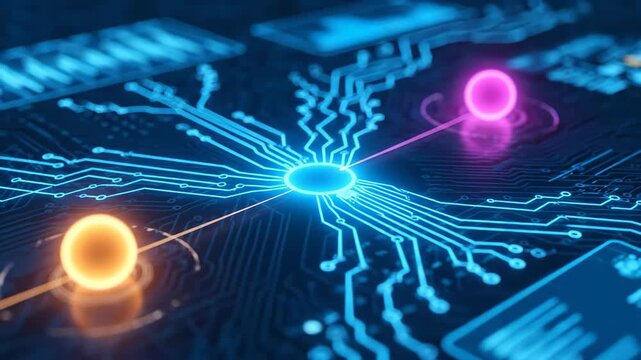 Close-up view of a digital circuit board with glowing orange and pink nodes connected by data streams.