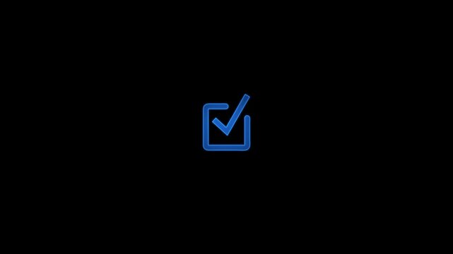 Empty square check mark box icon glowing neon animation on black background.