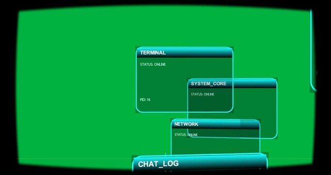 On load cyan panels appearing shifting settling showing system online status on transparent canvas