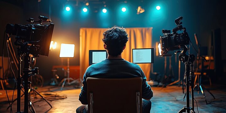 Man seated on film set reading printed script under dramatic stage lighting with equipment in background. Generative by AI.