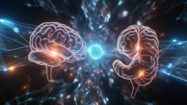Two glowing human brains connected by digital network lines and abstract light particles