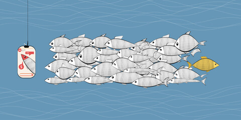 social networks influencer, politicians  propaganda, blogging, live streaming, manipulation, online, sales. Abstract society Opinion leadership active media user, fish and hook.