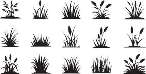 Set of black silhouette grass and plants
