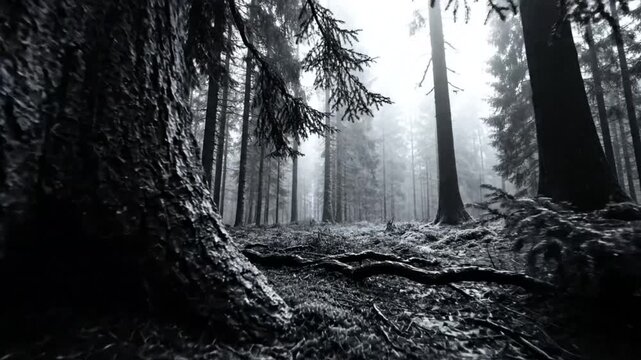 Black and white shot of a spooky and misty forest with tall trees and dense undergrowth and fog