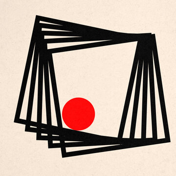 Constructivist geometric abstract art with red sphere and black squares