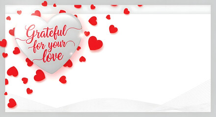 Gratitude expression with floating hearts and loving message on white background for valentine's day