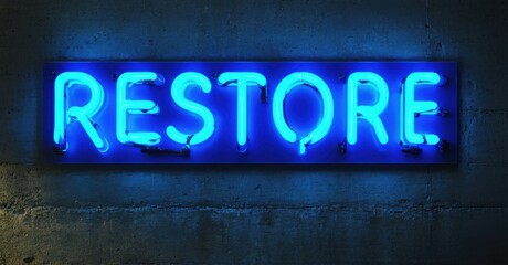 Obraz premium Bright neon sign spells RESTORE against textured concrete wall. Blue light dominates dark background, creating dramatic effect.