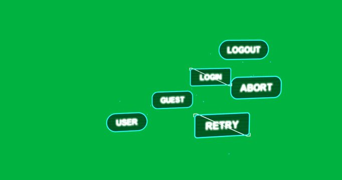 Glitch starting neon UI buttons on transparent canvas, selection box moving to RETRY to retry