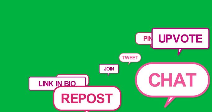 Black canvas starting FOLLOW bubble pink bubbles sliding and stacking showing CTAs on transparent