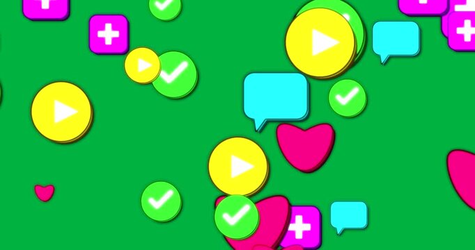 Neon icons appearing from check, entering, stacking, pulsing, showing likes on transparent canvas