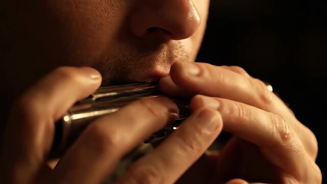 A man plays a harmonica his fingers expertly moving across the small instrument creating a melody This intimate close up captures the passion of music creation