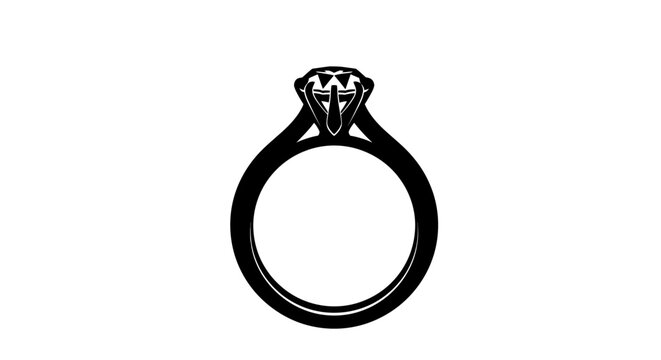 Simple black and white silhouette icon representing a classic solitaire diamond engagement ring symbolizing commitment and everlasting love for jewelry design