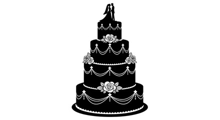 Silhouette illustration of an elegant four tier black wedding cake adorned with detailed white roses and a romantic bride and groom topper design
