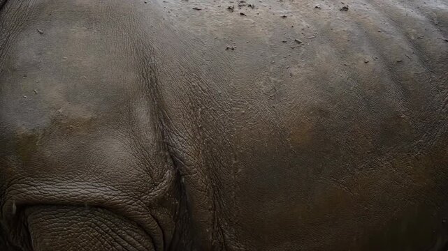 Close up of rhino skin textured with dirt streaks and small insects Its thick hide shows the raw toughness and wild nature of this magnificent animal