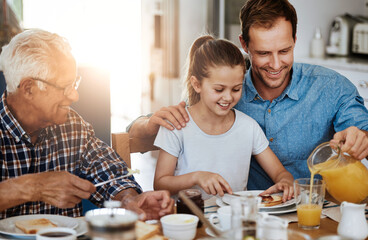Smile, generations or family in house with breakfast, bonding together or connection in healthy...
