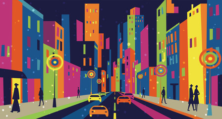 colorful urban city buildings, falling winter snow, busy urban lifestyle background , vector art