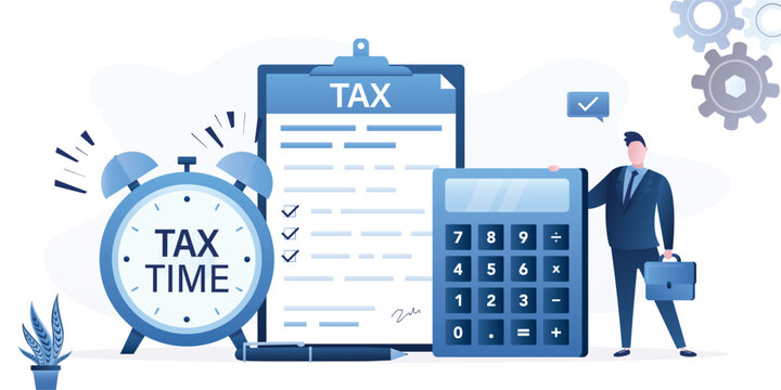 Tax time, concept background. Smart businessman or accountant with calculator, paper document and alarm watch. Money management, need to pay taxes, warning or motivation banner.