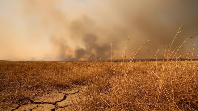 A dry, cracked earth landscape with withered grass under a smoky, hazy sky indicating pre-disaster conditions and environmental risk. Perfect for public safety, early warning system, and