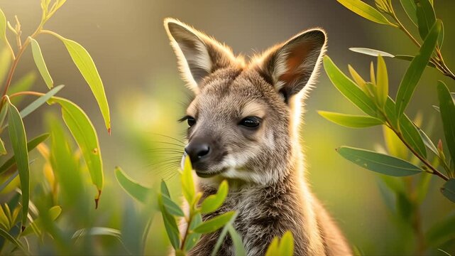 Portrait of a curious young wallaby peering through lush green foliage during the golden hour sunlight