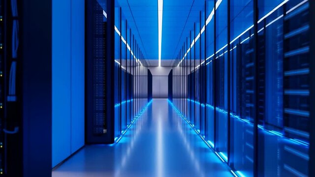Futuristic server room corridor, data center technology background
