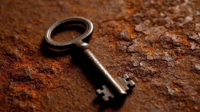 A vintage metal key rests on a textured rusty surface The objects evoke a sense of history mystery and the passage of time