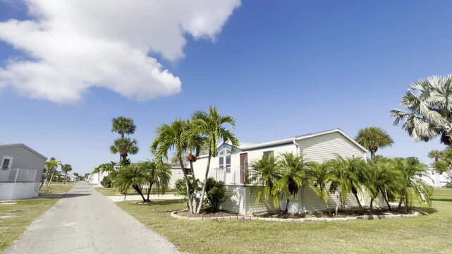 Mobile home community near to Miami, Florida with prefabricated houses and lush palm trees lining a quiet street on a sunny day. This type of neighborhood is common in southern states like Florida