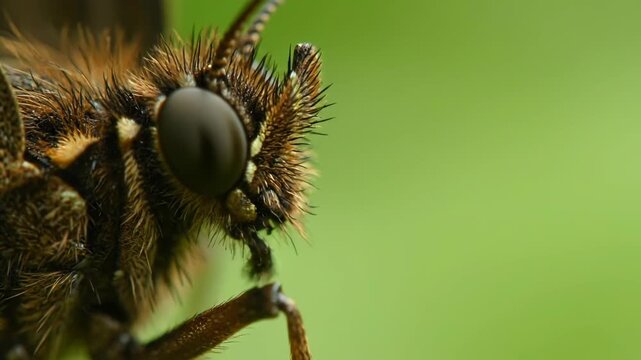 Extreme close up macro shot of a fuzzy brown insect s head with large compound eyes set against a vibrant green blurred background