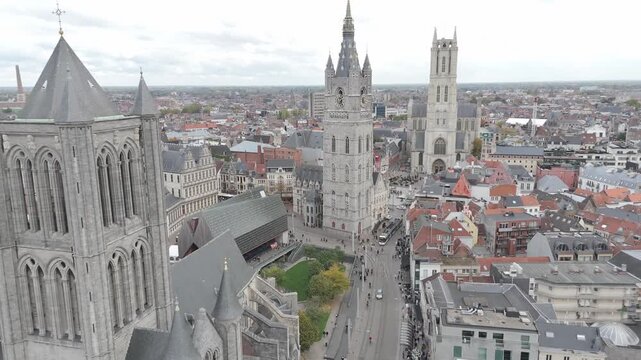 Gent Belgium Aerial View of Saint Bavo Cathedral and Medieval Towers