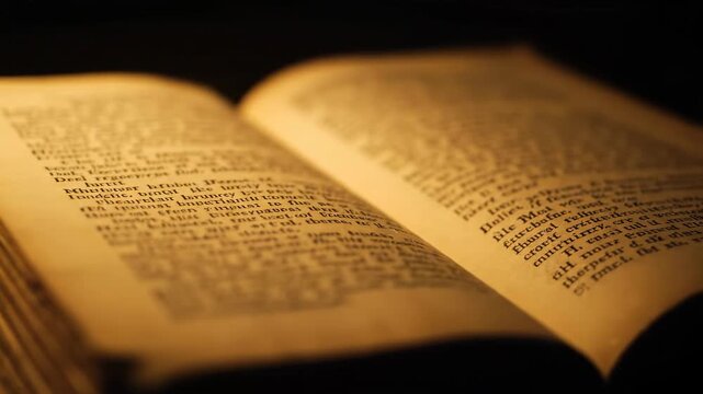 An open book lies on a dark surface, its pages filled with text, viewed from a close-up perspective, highlighting the details of the written content and the texture of the paper.