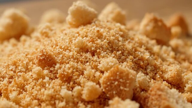 Close up macro shot of delicious golden brown cookie crumbs and larger pieces ideal for baking or dessert topping Sweet texture
