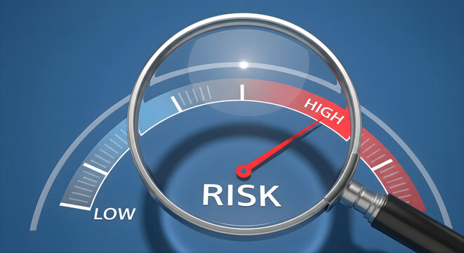 Magnifying glass analyzing risk meter showing high level indicator with red needle for financial assessment or danger evaluation and safety monitoring concept against blue background gradient