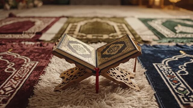 An open sacred scripture resting on a lectern amidst intricately patterned prayer rugs in various colors on a shaggy beige carpet viewed from a slightly elevated angle