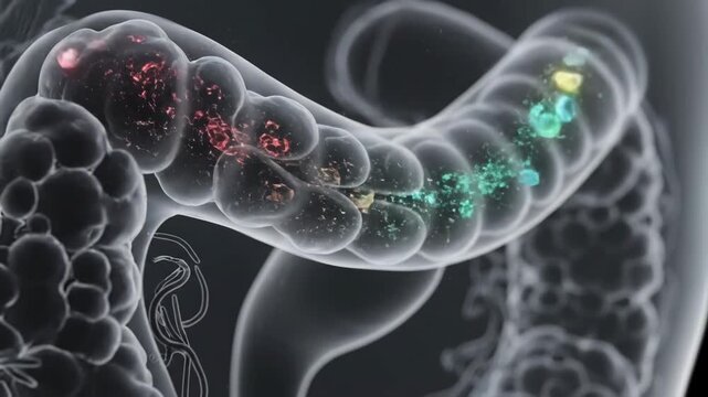 Dynamic 3D animation of cells and particles moving through the human intestine, illustrating biological processes.