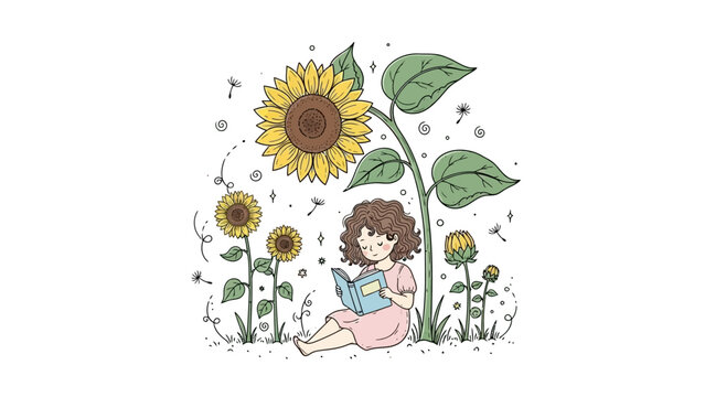 Young girl reading a book under a giant sunflower in a field.