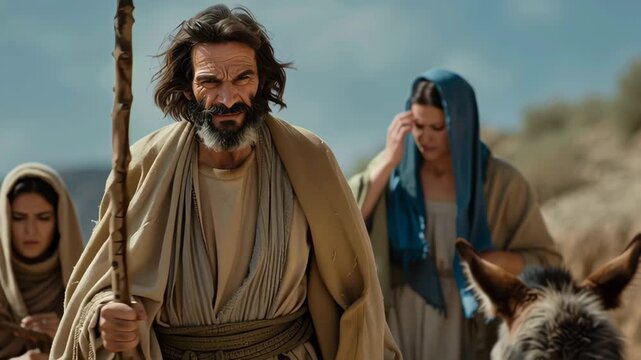Man with a staff leading a group through the desert, a woman on a donkey following, reflecting biblical times and nomadic life