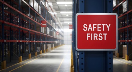 Red safety first sign mounted on blue industrial shelf in large warehouse, emphasizing workplace security and accident prevention measures