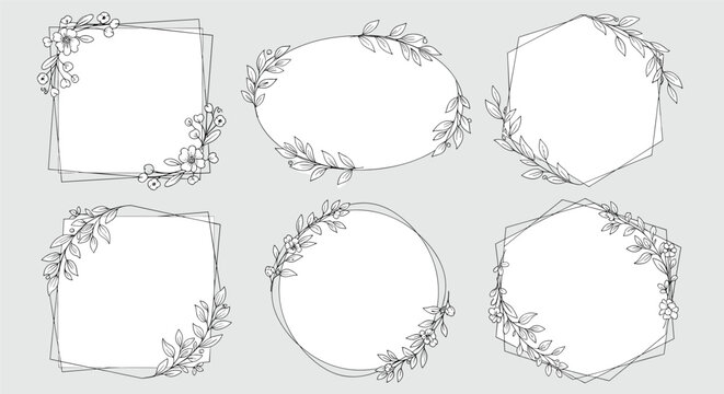 Set of six elegant hand-drawn floral and leaf frames in rectangular, oval, and hexagonal shapes for sophisticated wedding invitations and cards.