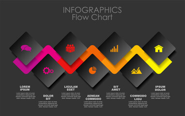 Modern zigzag infographic template with sections, icons, and color-coded steps for business processes or project timelines. Vector illustration.