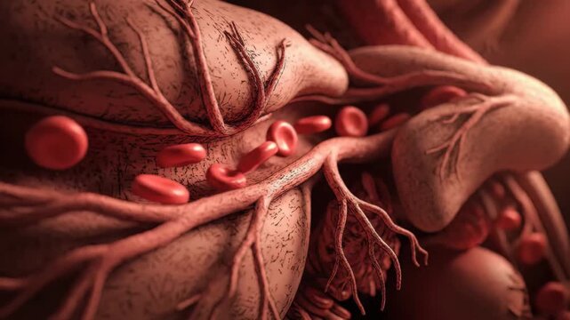 Dynamic 3D animation of red blood cells flowing through human blood vessels, illustrating the circulatory system.