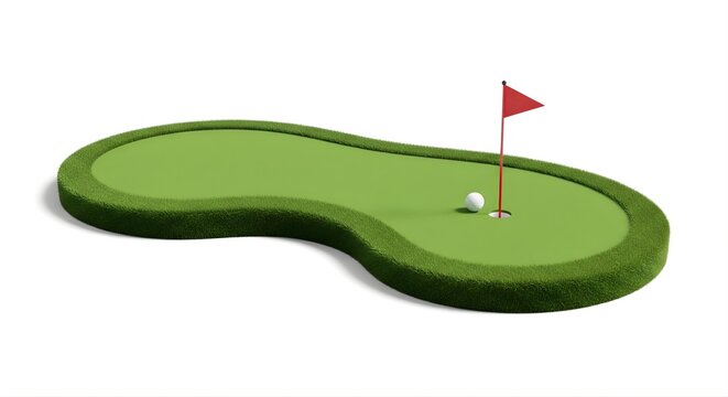 Mini golf course, putting green with white ball and red flag, recreational sport activity, outdoor game leisure, hobby pastime, fun challenge, garden decoration, athletic pursuit, leisure pursuit.