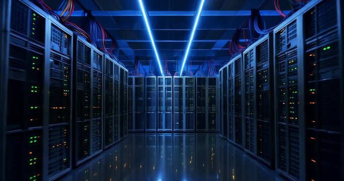 Data center server room with rows of computer servers and blue lights